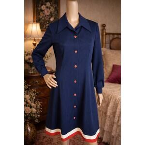 70s Vintage Verona Knits Navy A Line, Red White Trim Patriotic Mod Dress - L